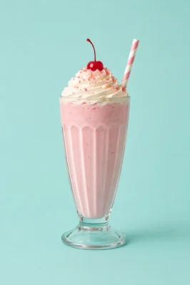 Tall strawberry milkshake with cream and a striped straw on a pink background