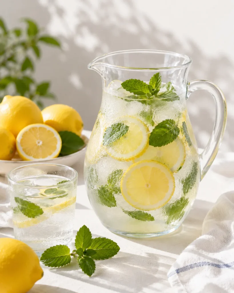 Glass pitcher of lemon and mint infused water beside fresh lemons in sunlight