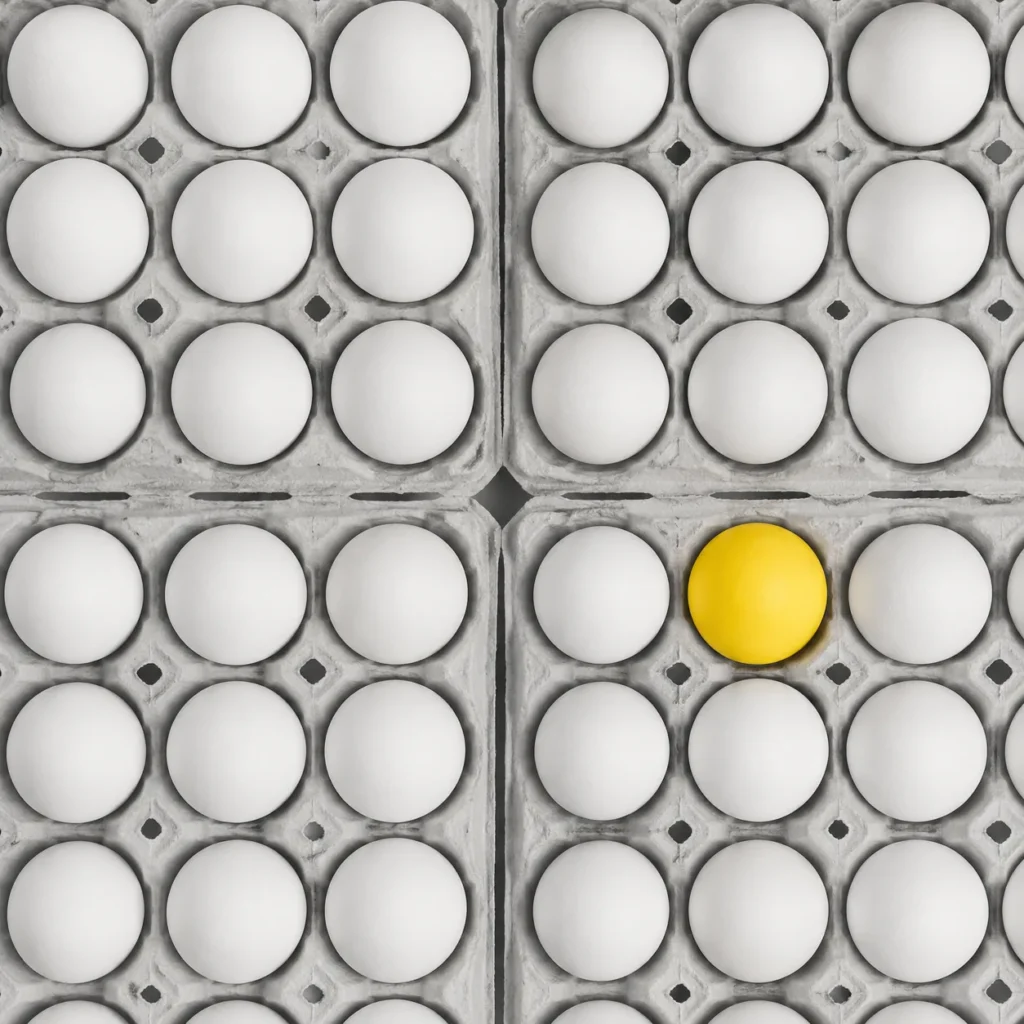 Overhead view of grey egg cartons full of white eggs with a single yellow egg standing out