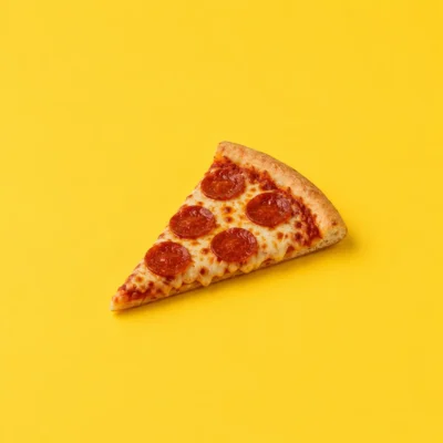 Single pepperoni pizza slice with stretching cheese on a bright yellow background