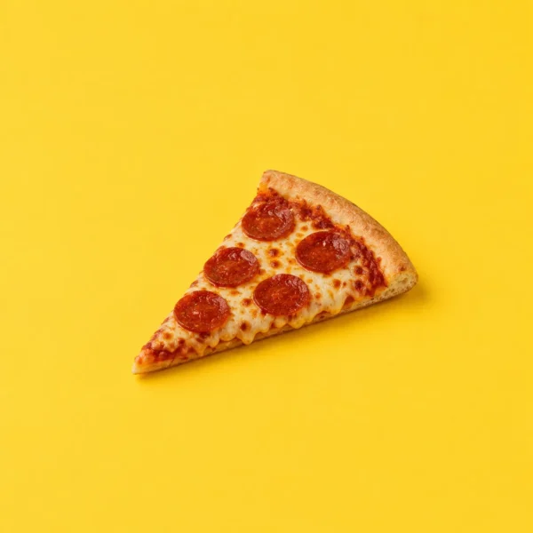 Single pepperoni pizza slice with stretching cheese on a bright yellow background