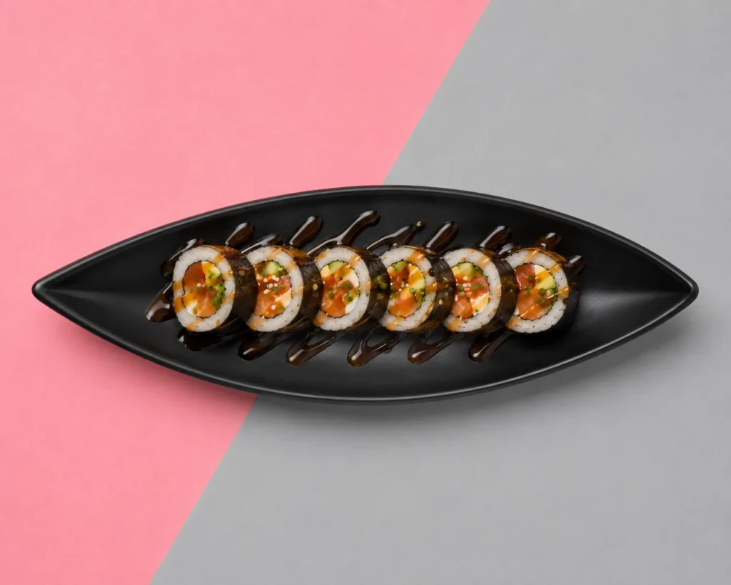A row of maki rolls in a black boat dish with chopsticks on a pink and grey background