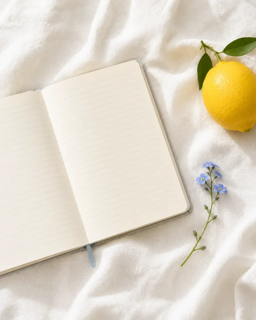Open blank journal beside a lemon and blue forget-me-nots on white fabric