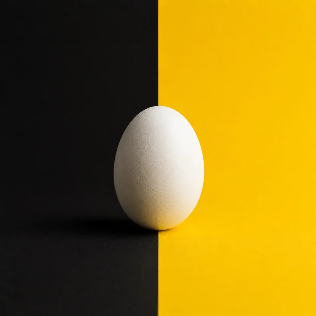 A single white egg standing upright against a background split into black and yellow halves