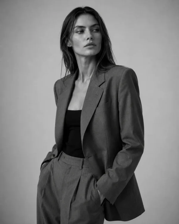 Model in a taupe blazer over a black bralette standing in soft light, three-quarter editorial fashion portrait