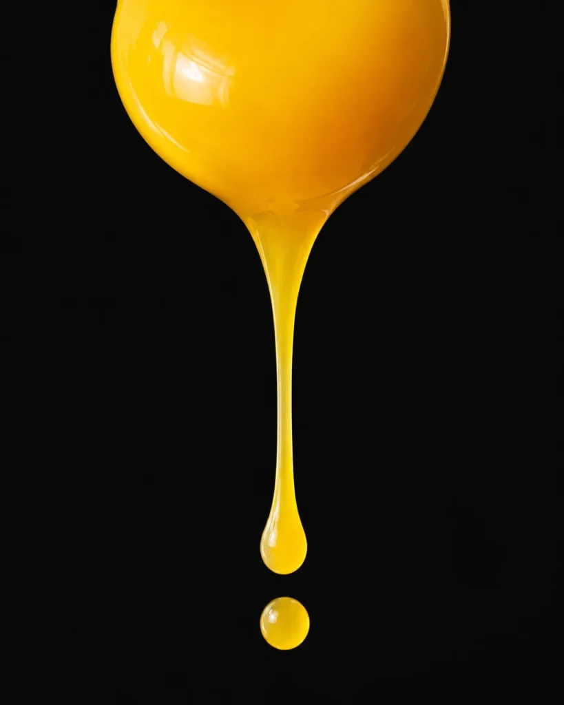 A close-up of a glossy egg yolk dripping in a long strand with a falling droplet on black