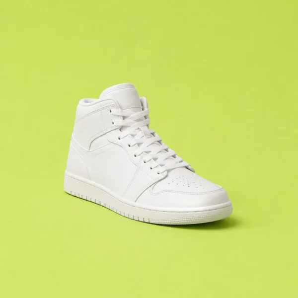 White canvas high-top sneaker centered on a flat lime-green background
