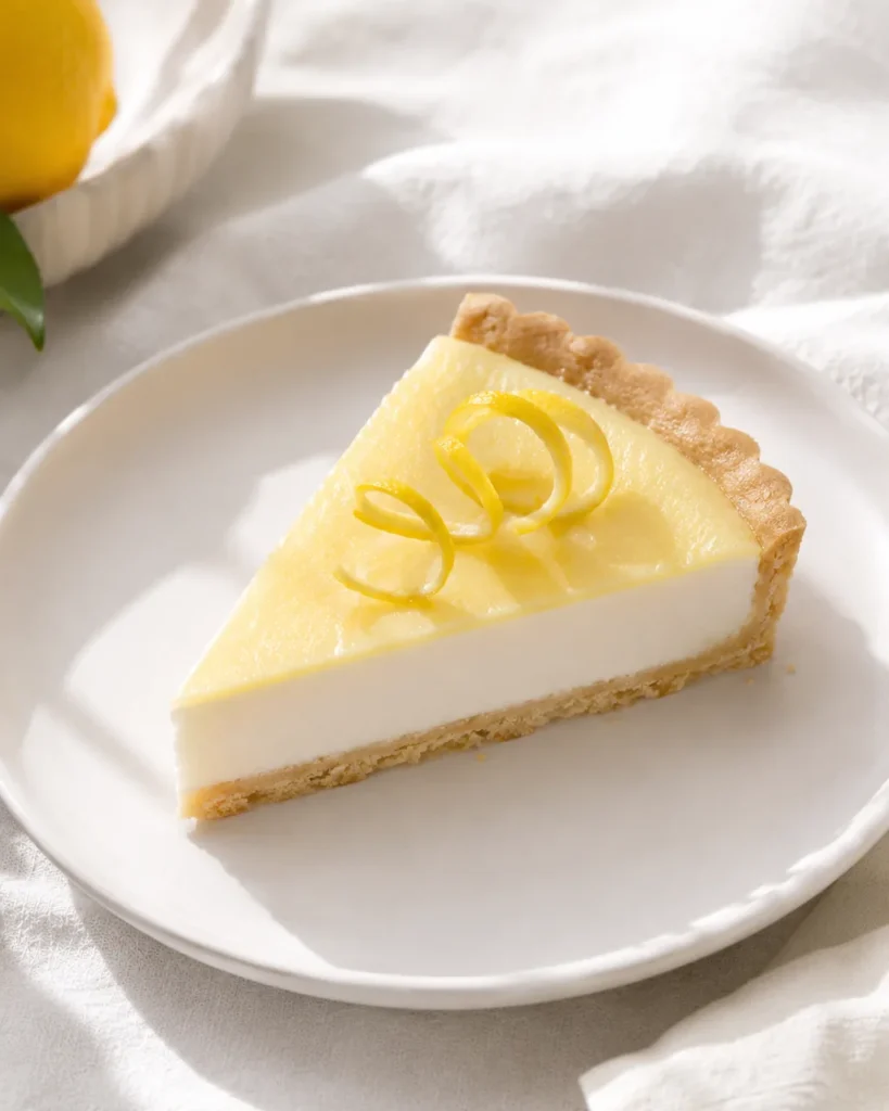 Slice of lemon tart on a white plate with a curl of lemon zest on top