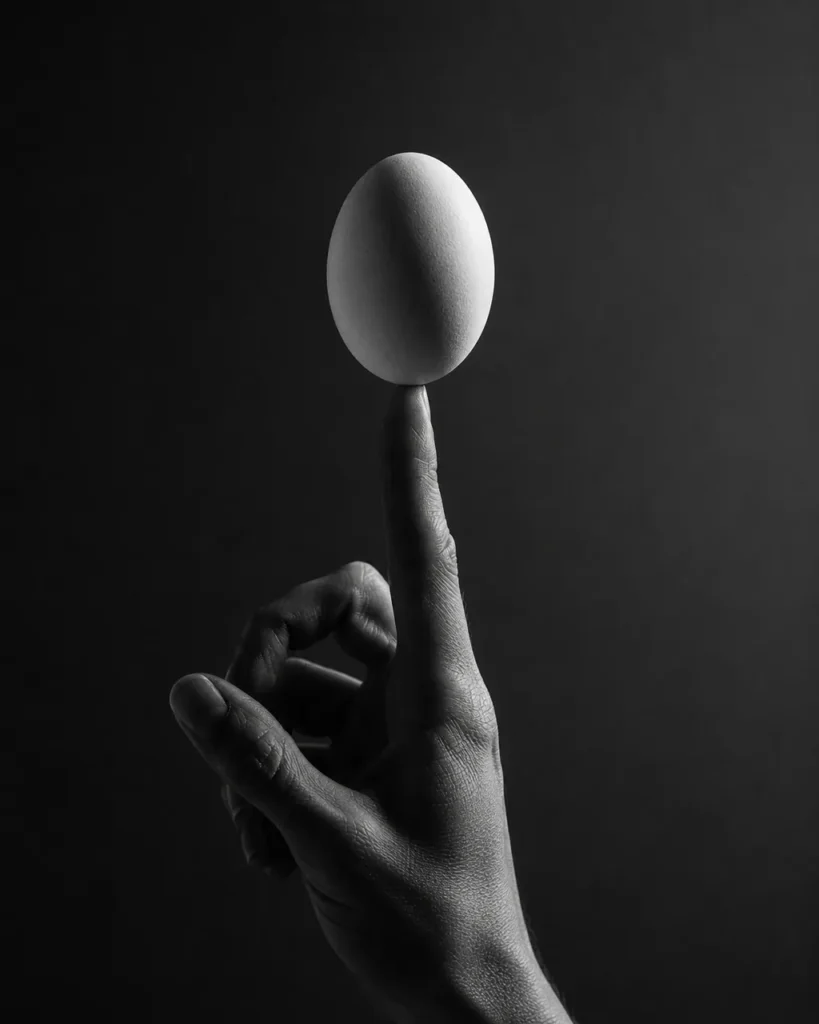 Black and white image of a white egg balanced upright on a single fingertip in low light