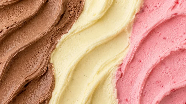 Neapolitan gelato in side-by-side chocolate, vanilla and strawberry stripes