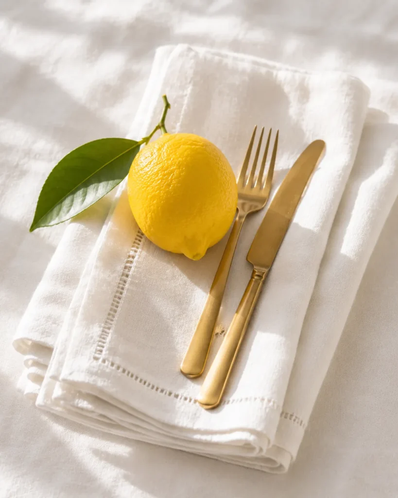 Whole lemon with leaf on a folded white napkin beside gold knife and fork