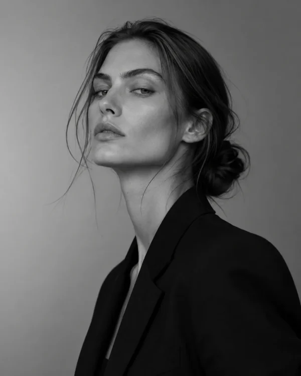 Tight black-and-white portrait of a model in a black blazer with windswept hair, editorial fashion