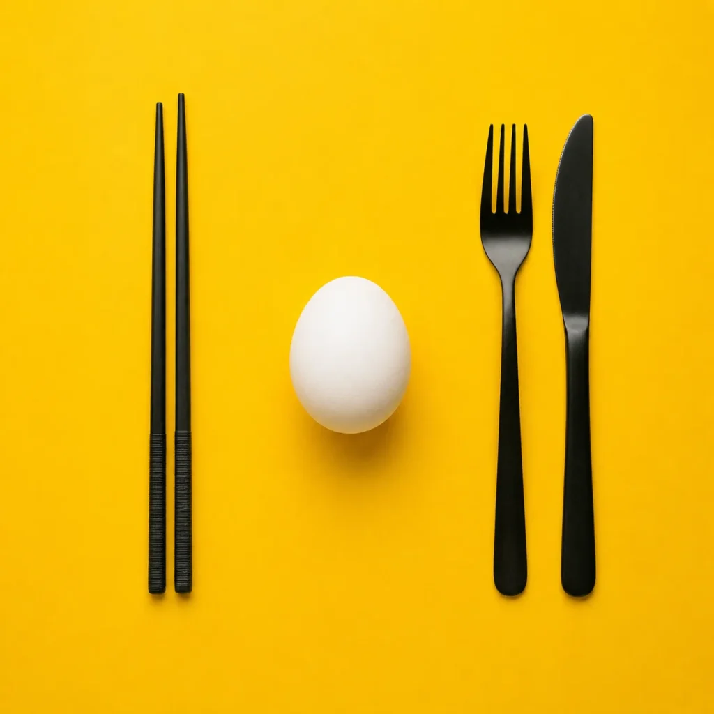 A white egg flanked by black chopsticks, fork and knife arranged neatly on a yellow background