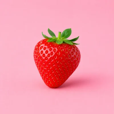Single ripe strawberry with green leaves centered on a mint-green background