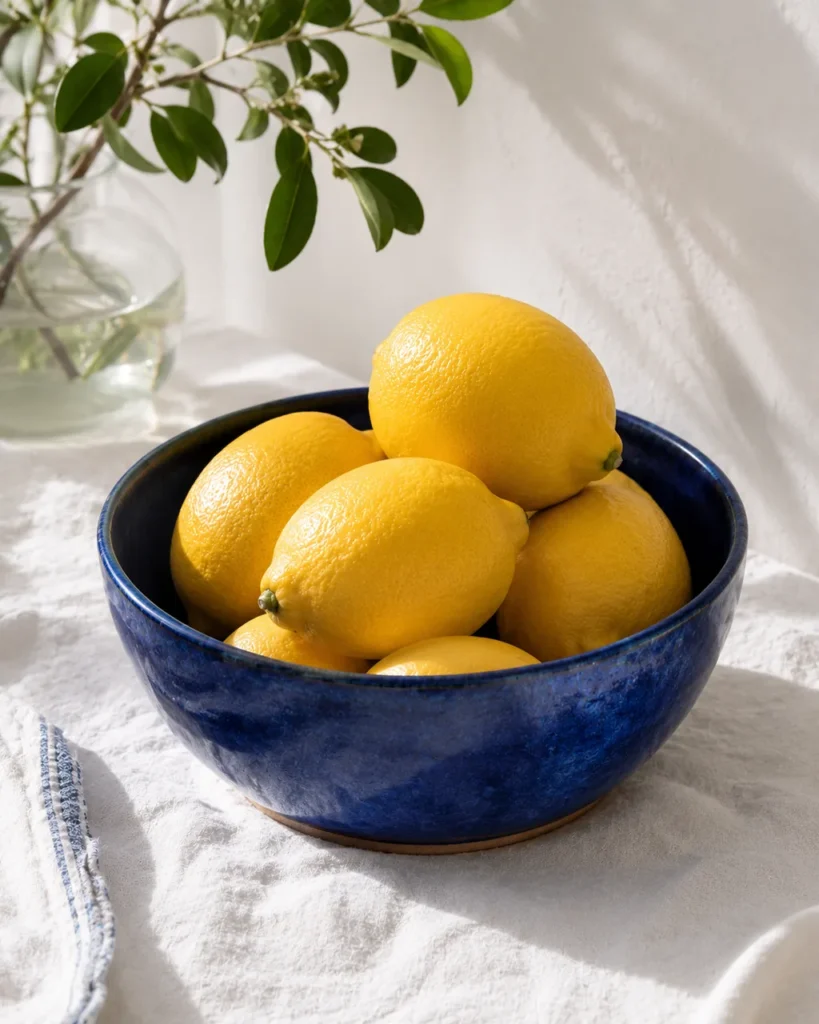 Blue ceramic bowl filled with whole lemons beside greenery on white linen