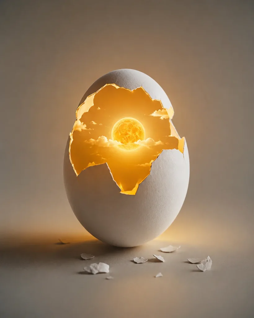 Surreal image of a cracked white egg revealing a glowing sun and clouds inside the shell