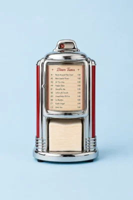 Glass beverage dispenser with a metal tap centered on a pale blue background