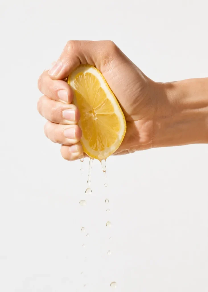 Hand squeezing half a lemon with juice dripping against a white background