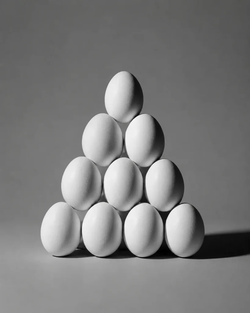 Ten white eggs stacked into a balanced triangular pyramid in soft grey studio light