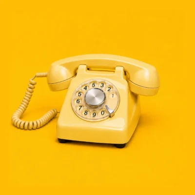 Yellow vintage rotary telephone with curled cord on a bright orange background