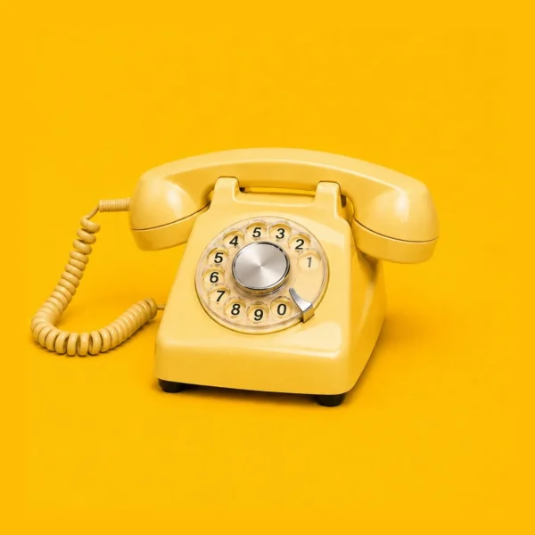 Yellow vintage rotary telephone with curled cord on a bright orange background