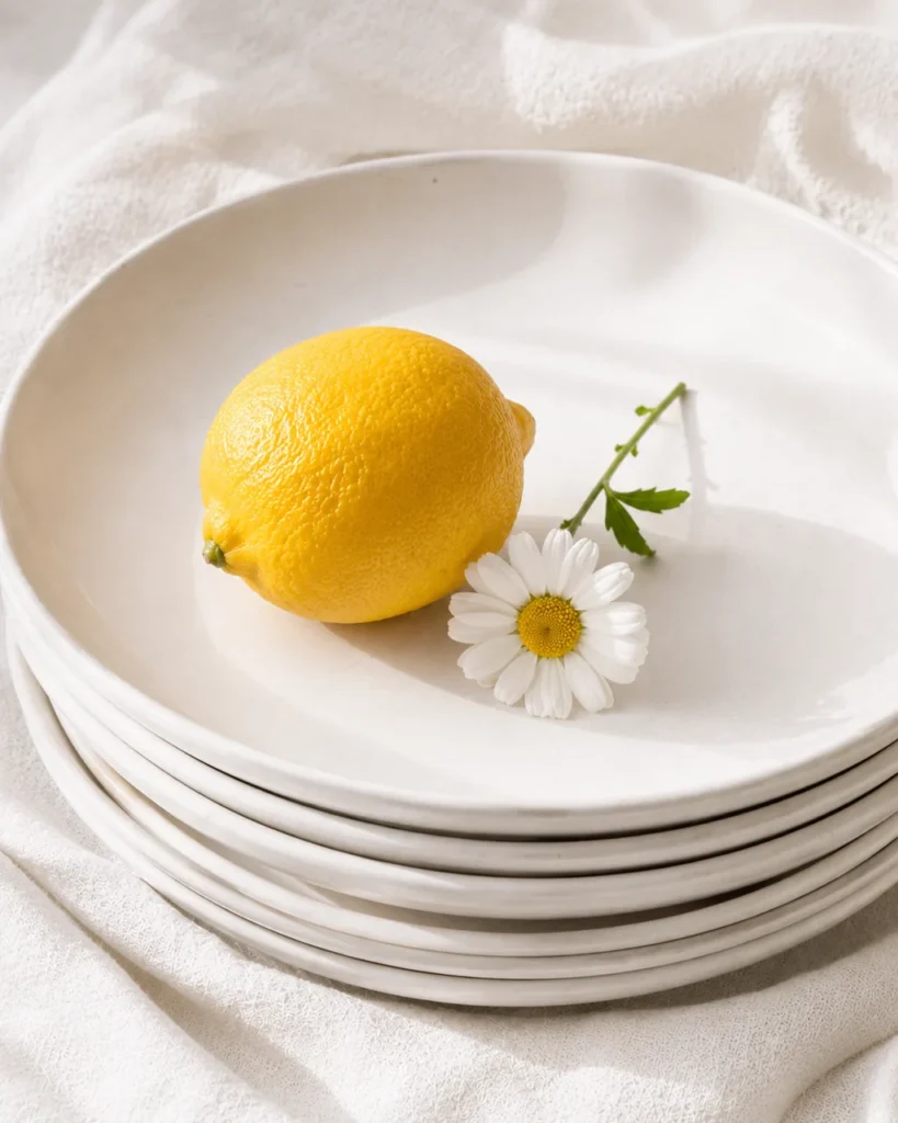 Single lemon and a daisy resting on a stack of white plates on linen