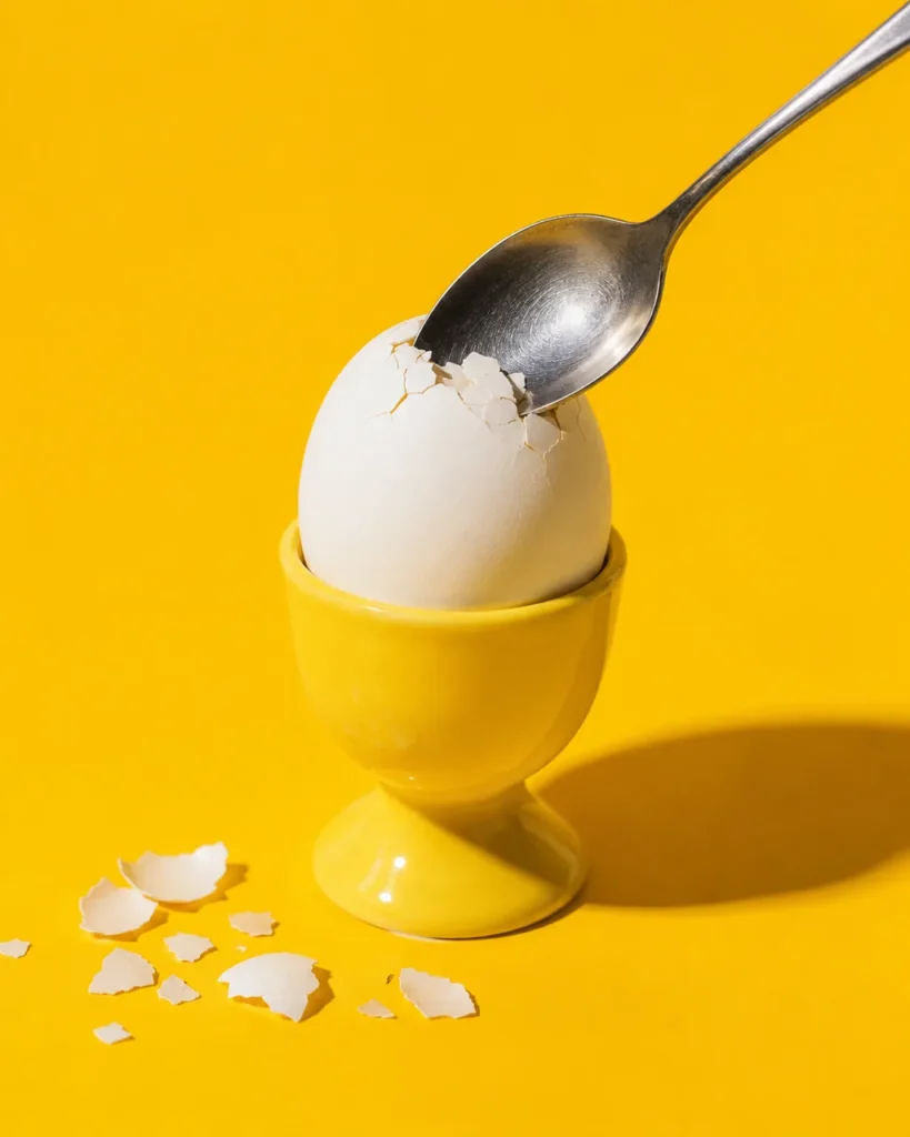 A spoon tapping the top of a soft-boiled egg in a yellow eggcup with shell pieces on yellow