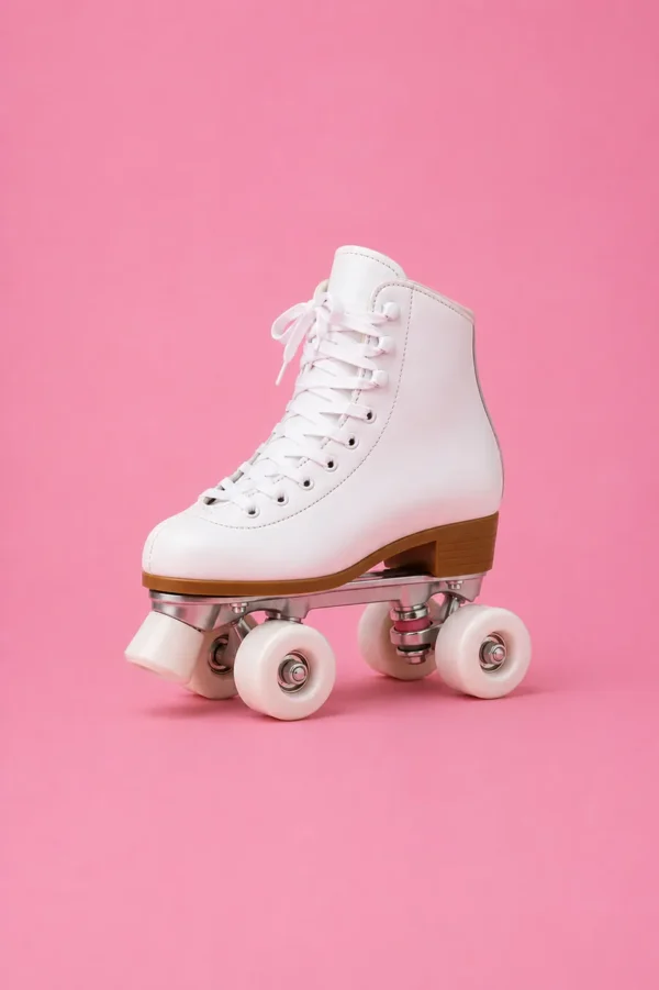 White lace-up roller skate with pink wheels on a flat coral-pink background