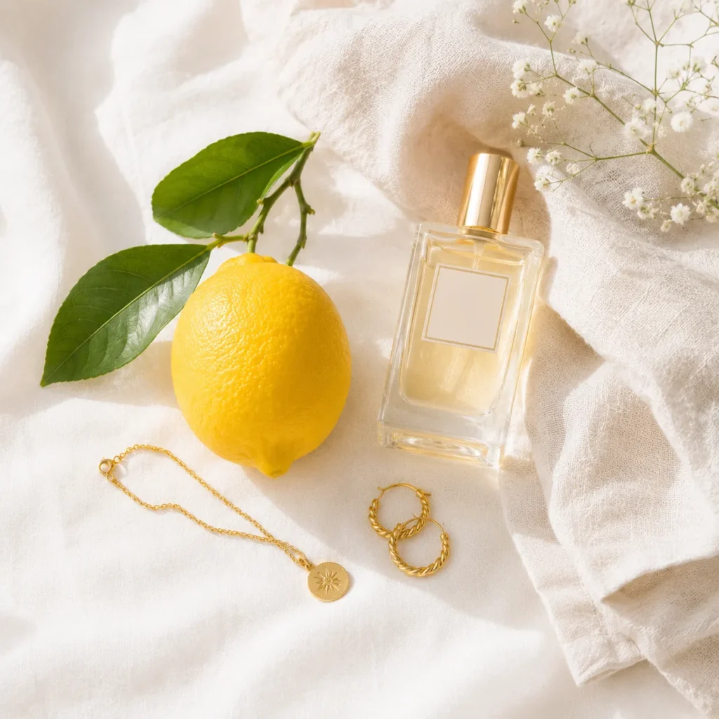 Lemon with leaves beside a perfume bottle and gold jewellery on white cloth
