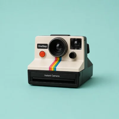 Black instant film camera centered on a flat teal studio background