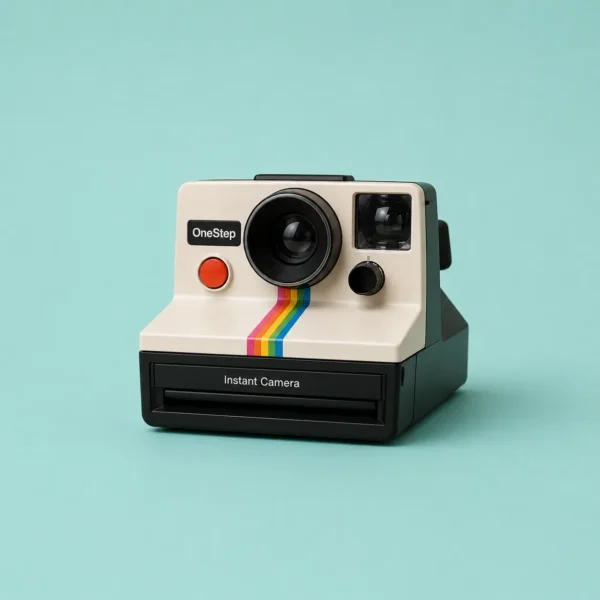 Black instant film camera centered on a flat teal studio background
