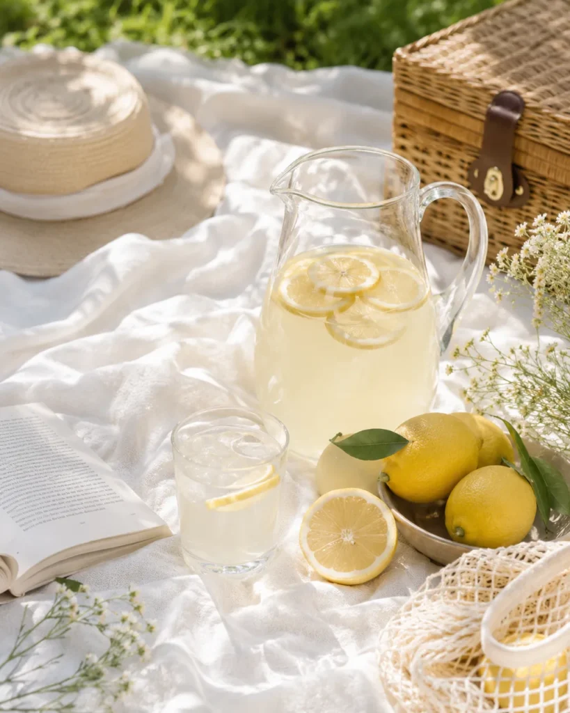 Pitcher and glass of lemonade at a sunny picnic with hat, book and lemons