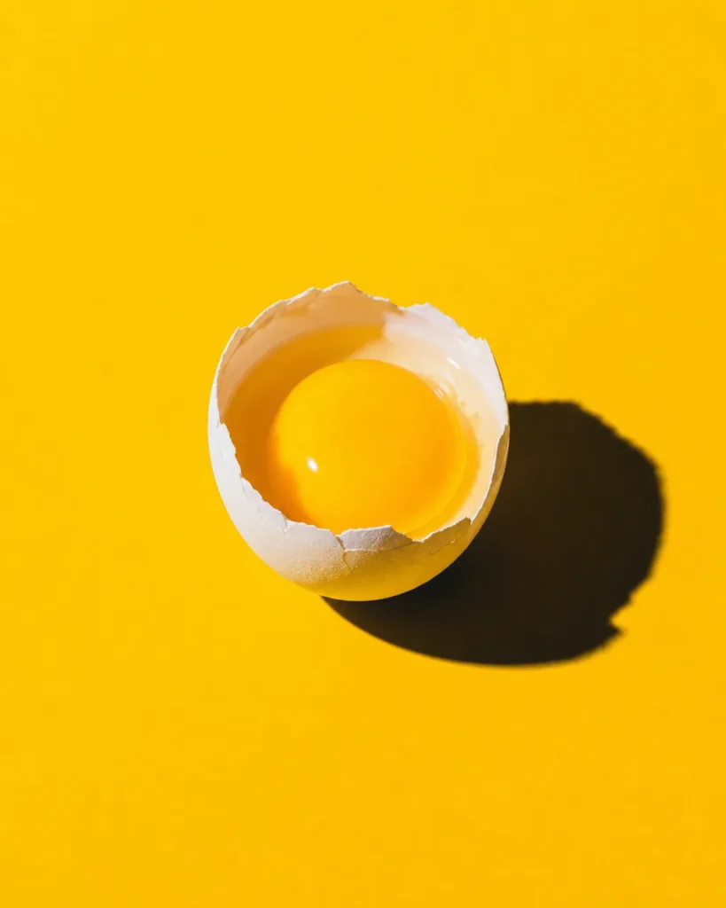 A raw egg yolk held in a broken half shell casting a sharp shadow on a yellow background