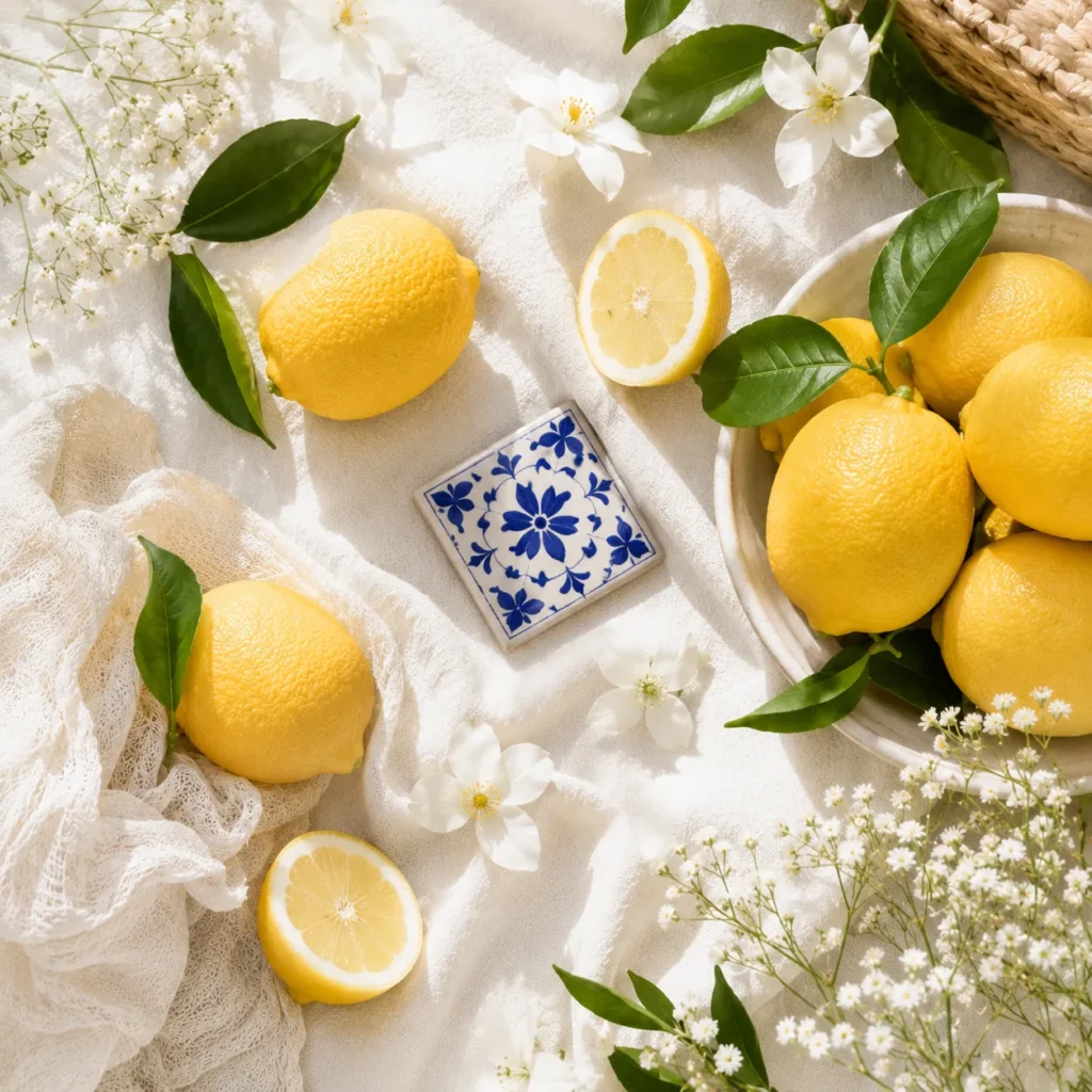 Flatlay of whole and halved lemons with blossom and a blue tile on white