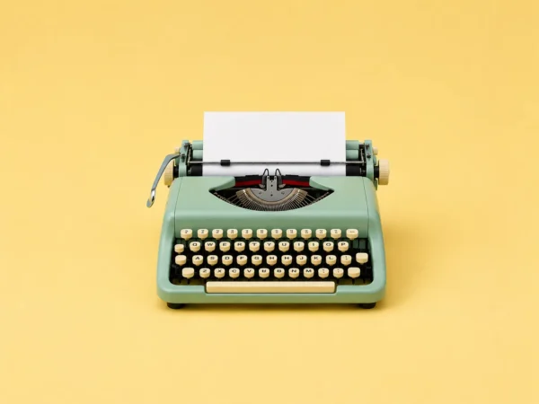 Cream vintage typewriter centered on a warm yellow studio background