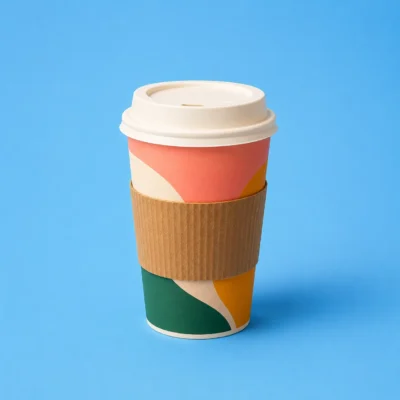 Kraft paper takeaway coffee cup with lid centered on a sky-blue background
