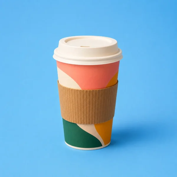 A takeaway coffee cup on sky blue.
