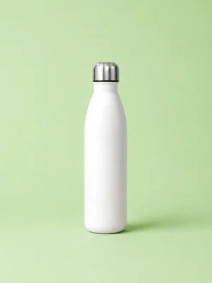 White stainless steel water bottle standing on a soft sage-green background
