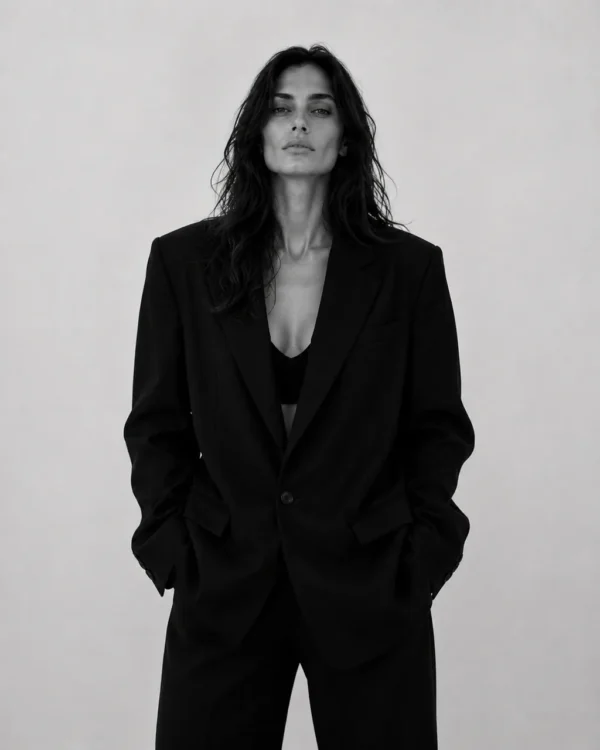 Model in a black suit with an open neckline and loose hair standing in soft light, editorial fashion portrait