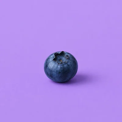 Single blueberry centered on a flat lavender studio background