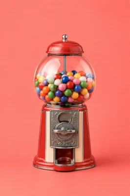 Red retro gumball machine full of colorful gumballs on a coral background