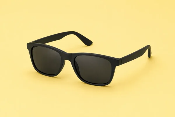 Black-framed sunglasses laid flat on a bright yellow studio background