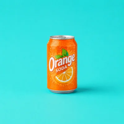 Orange soda can with condensation centered on a bright teal background