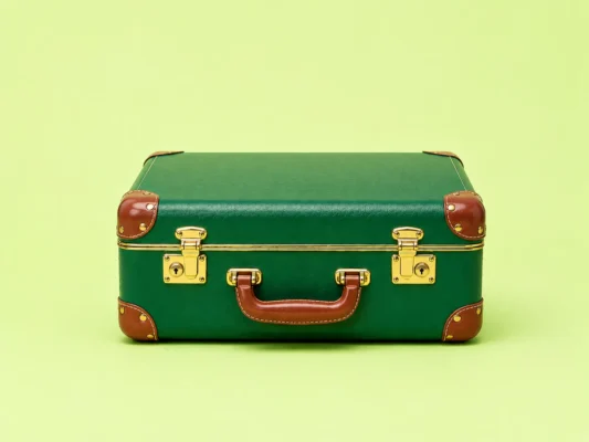 Small green hard-shell suitcase standing on a flat olive-green background