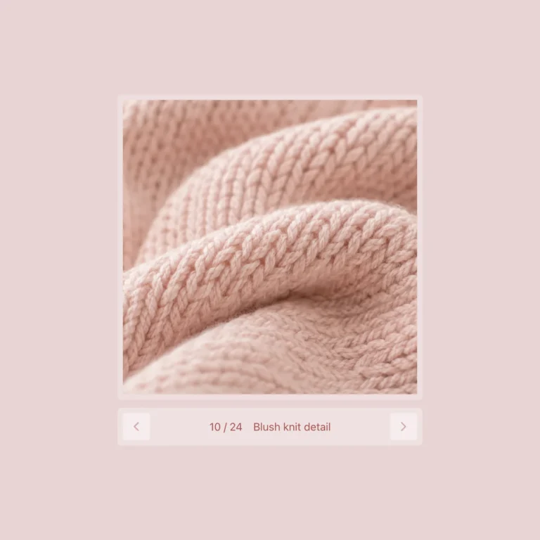 Cozy yarn crafts gallery demo — blush knit close-up in a framed carousel