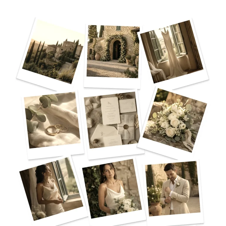 Tuscan wedding gallery demo — polaroid-style collage of venue, invitations, bouquet and portraits