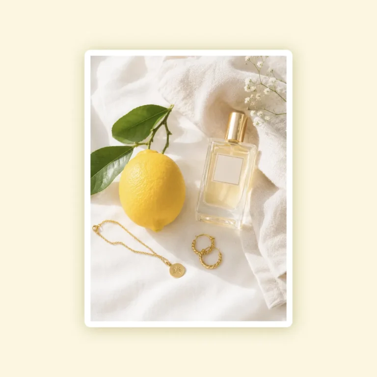 Zest Life gallery demo — lemon, perfume and gold jewellery flat-lay card