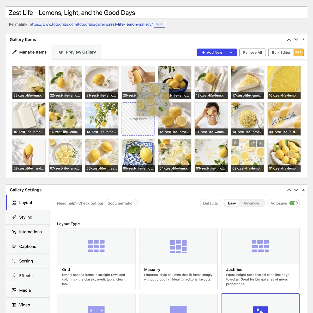Dragging a thumbnail to a new position in the FotoGrids gallery editor, with a drop target marking where it will land
