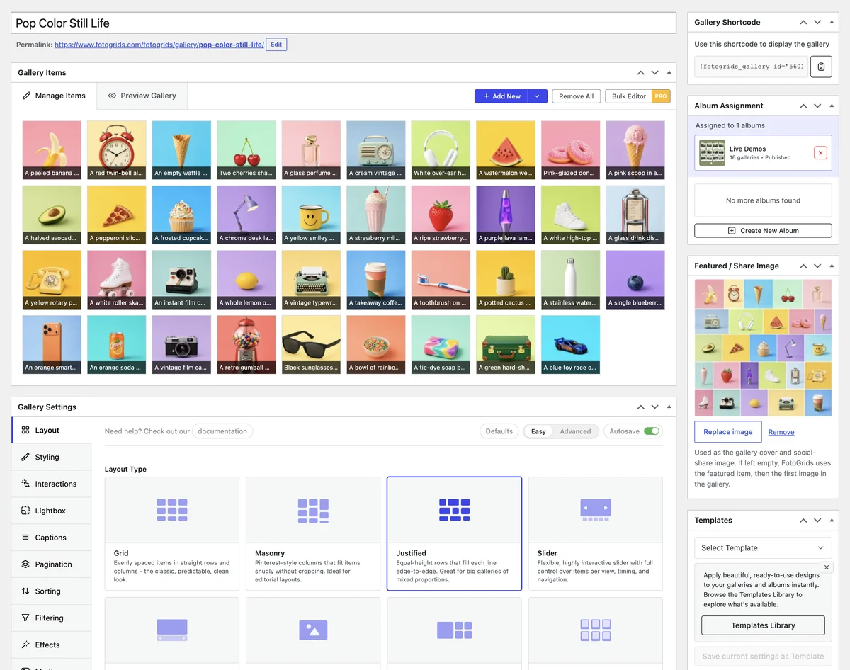 FotoGrids gallery editor with 44 items, layout type options, album assignment, featured image and shortcode sidebar