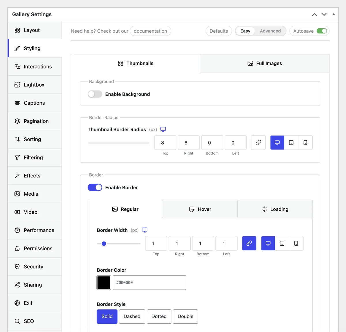 FotoGrids gallery styling panel for setting thumbnail border radius and border colour in WordPress
